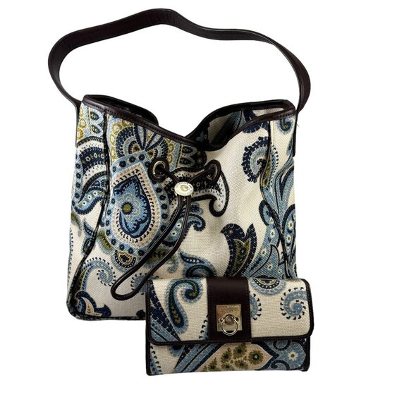 Spartina 449 Juliette Harper Purse & Wallet Blue Green Paisley Linen Hobo Tote - Picture 1 of 11